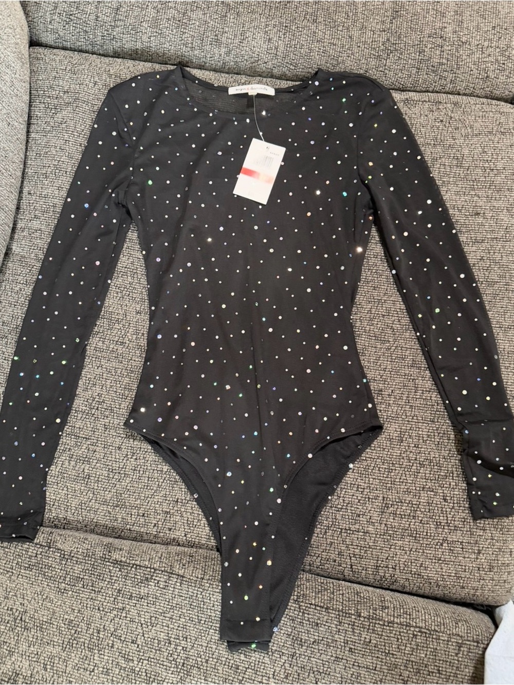 Womens Long-Sleeve Black One-Piece with Sparkle Rhinestones NWT
